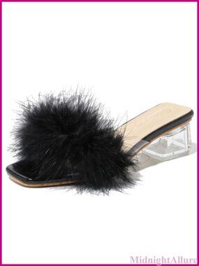 Clear Square Toe Low Block Chunky Heel Mule Sandals with Faux Fur Feather